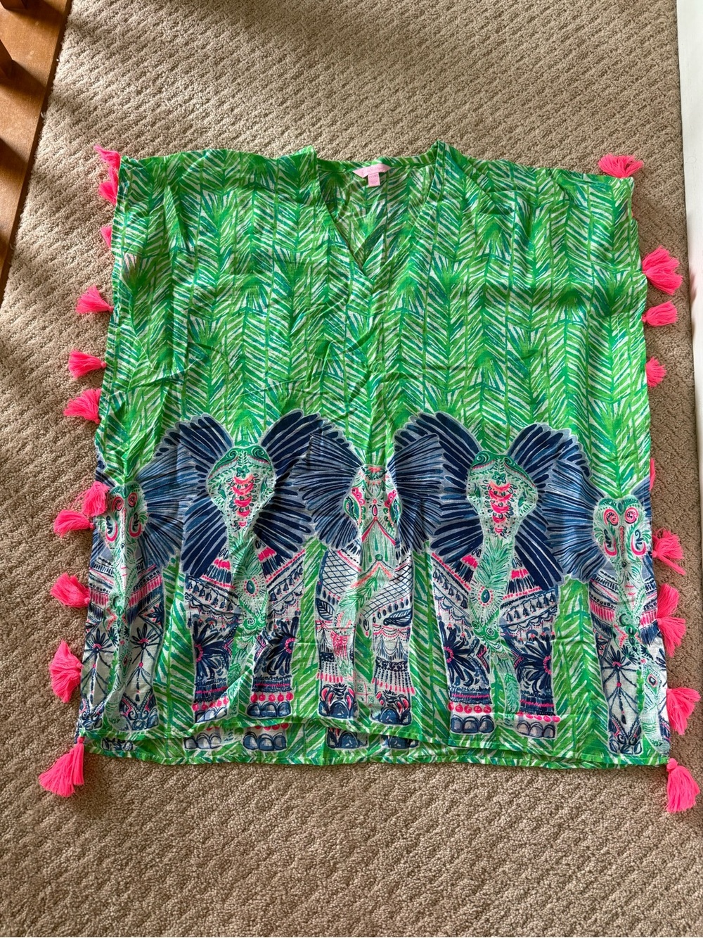 Lilly Pulitzer Green Elephant Print Coverup with Pink Tassels